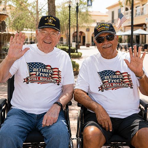 Veterans wearing patriotic retirement shirts