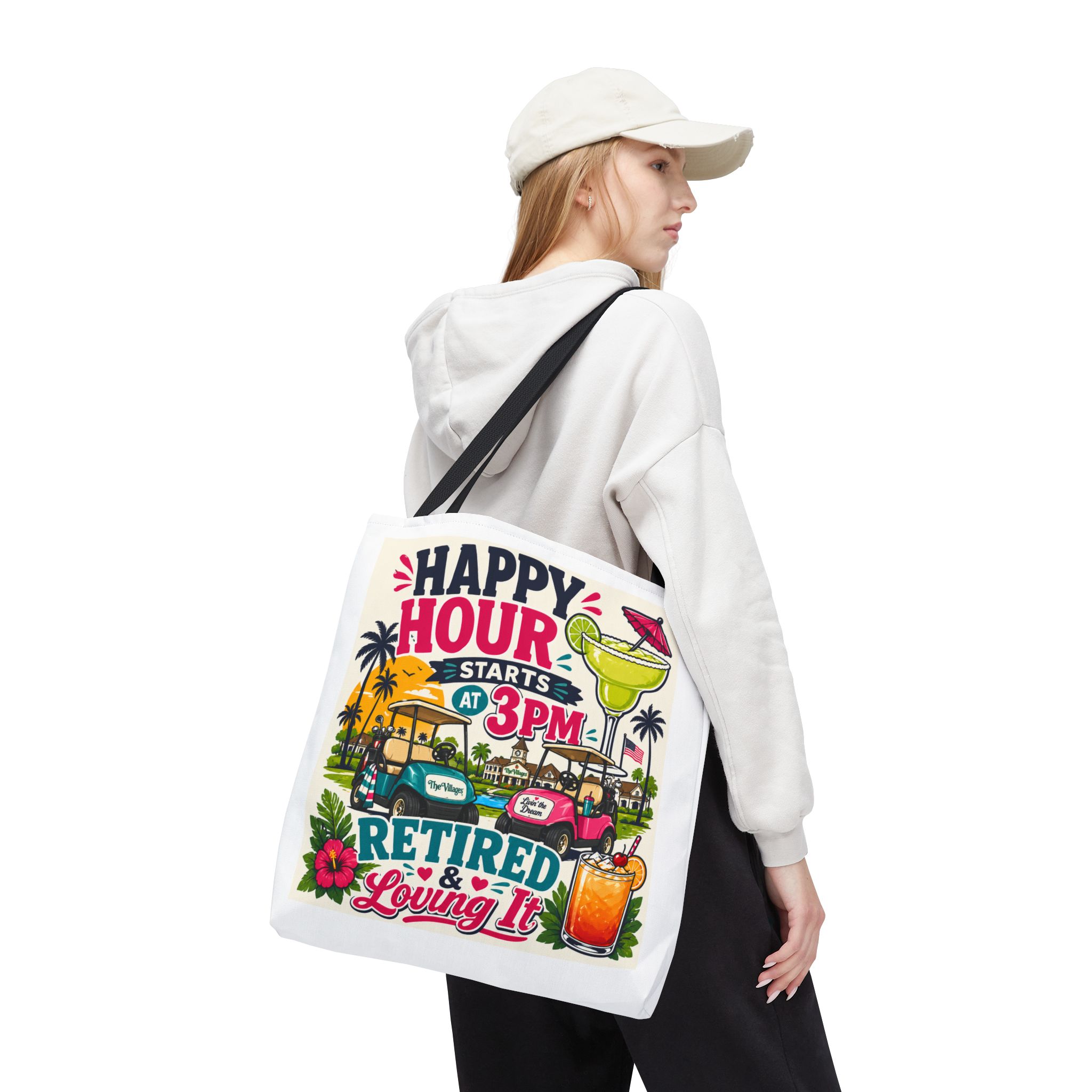 Retired & Loving It Tote Bag – Happy Hour Starts at 3PM | Funny Retirement Gift, Golf Cart Life, Florida Villages Vibe Beach Bag | The Villages, Florida - Image 9