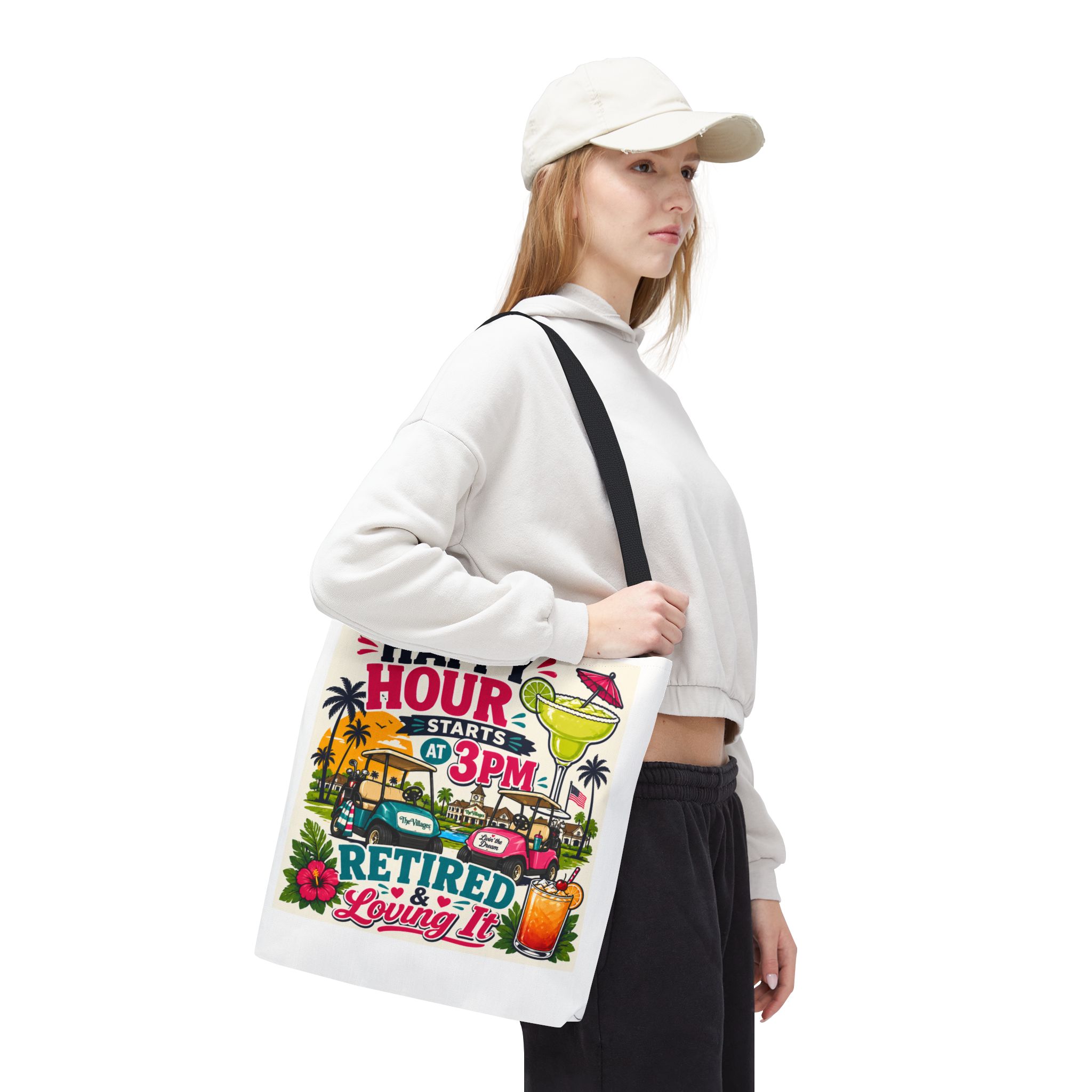 Retired & Loving It Tote Bag – Happy Hour Starts at 3PM | Funny Retirement Gift, Golf Cart Life, Florida Villages Vibe Beach Bag | The Villages, Florida - Image 4