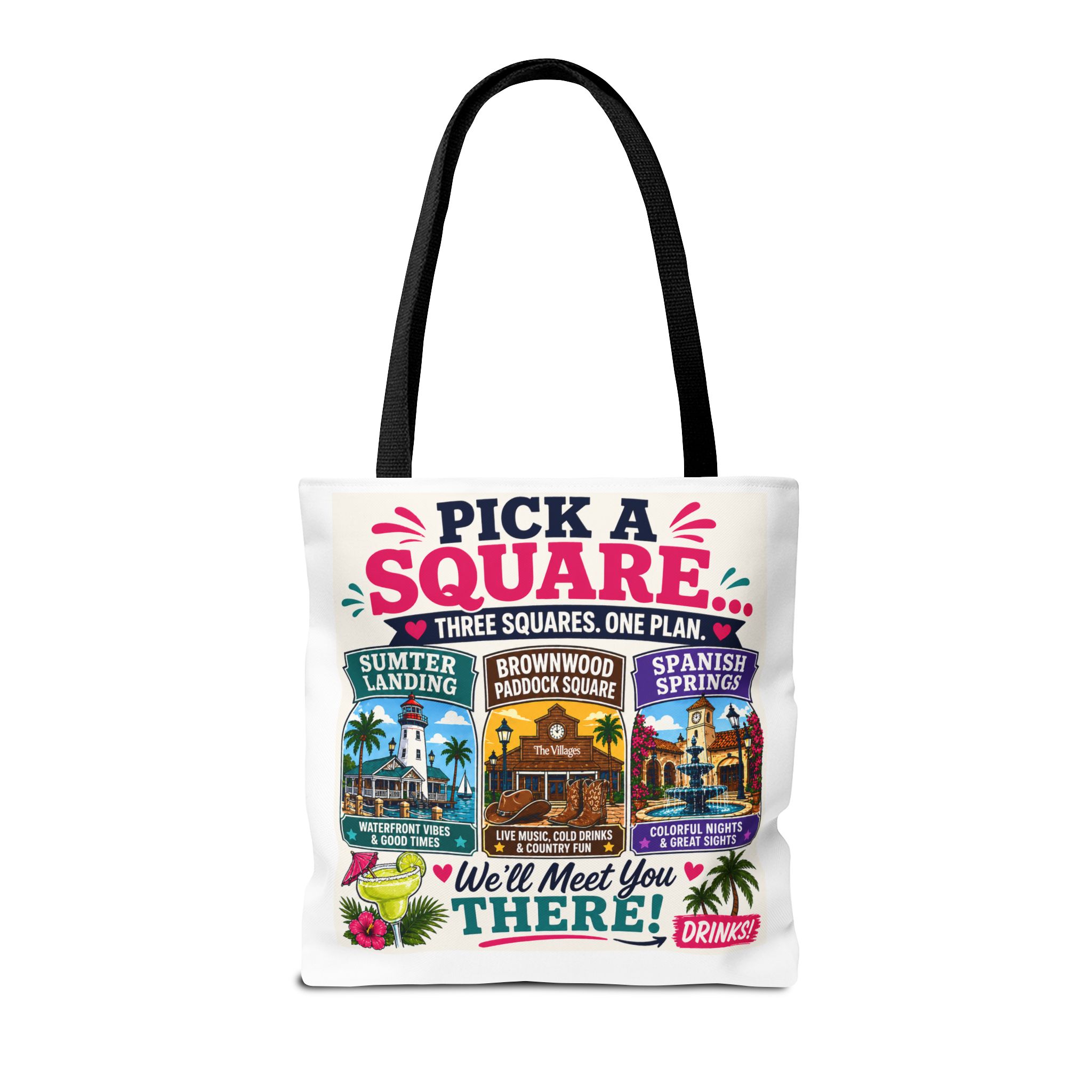 🍹 Pick a Square… We’ll Meet You There! | Villages Tote Bag | Sumter Landing | Brownwood Paddock Square | Spanish Springs | Retirement Lifestyle | FREE Shipping | SassyUSA - Image 2