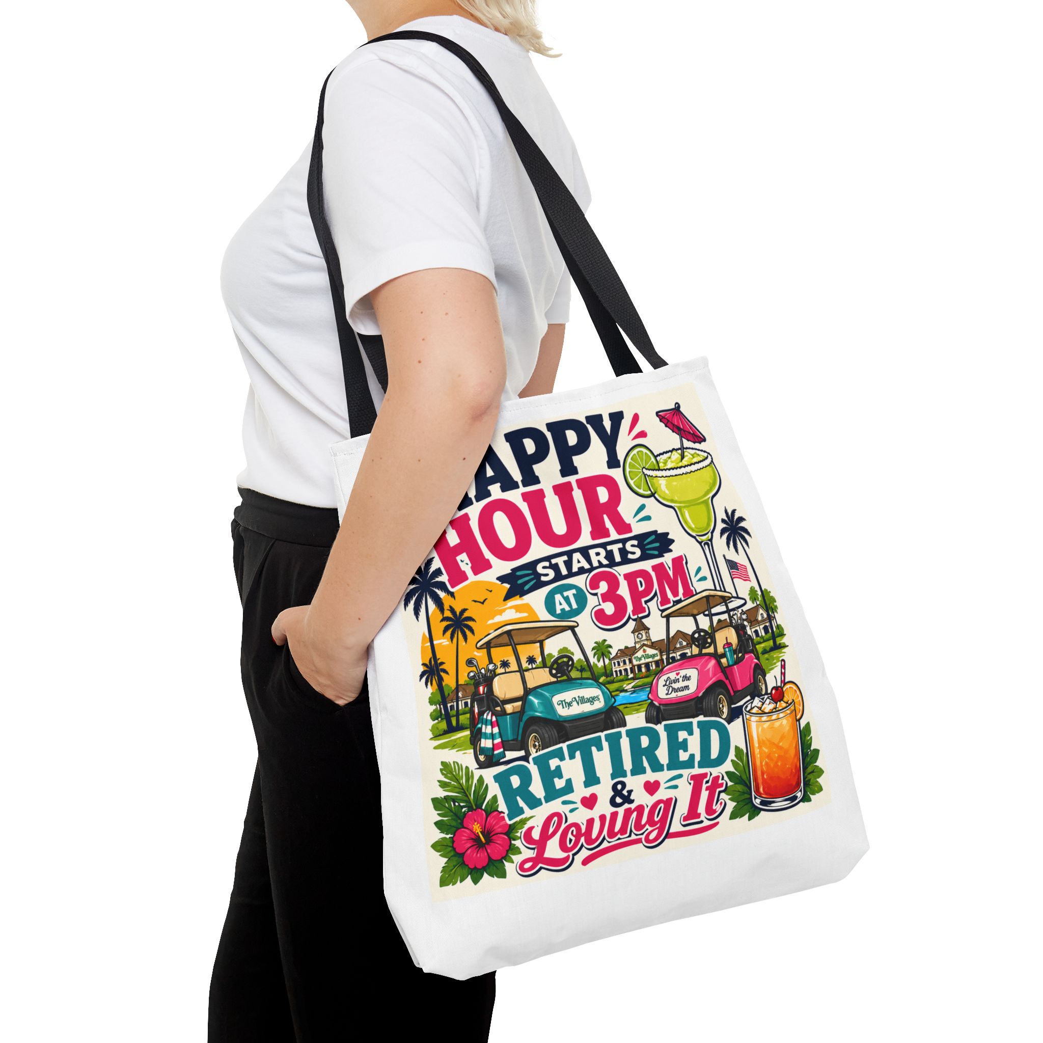 Retired & Loving It Tote Bag – Happy Hour Starts at 3PM | Funny Retirement Gift, Golf Cart Life, Florida Villages Vibe Beach Bag | The Villages, Florida - Image 8