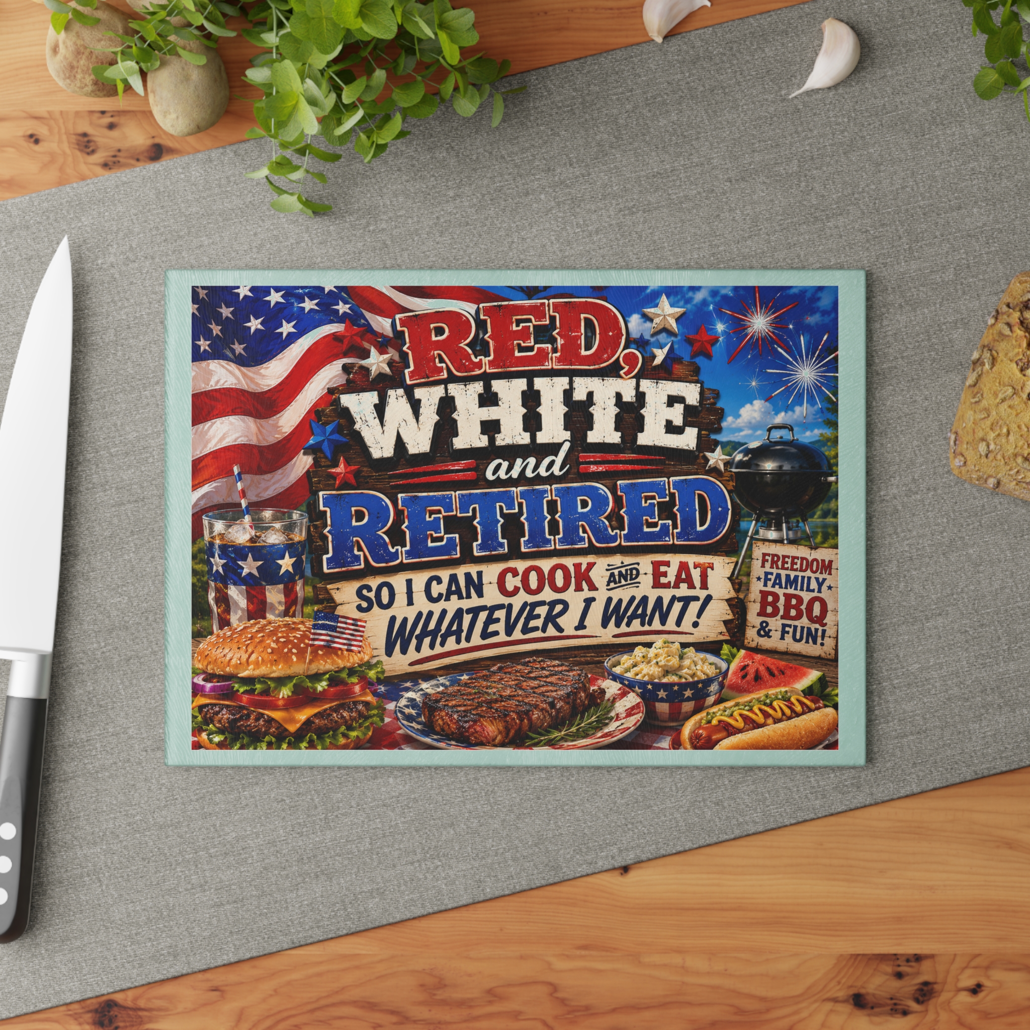 Red, White & Retired ™ Tempered Glass Cutting Board Gather. Grill. Celebrate. - Image 4
