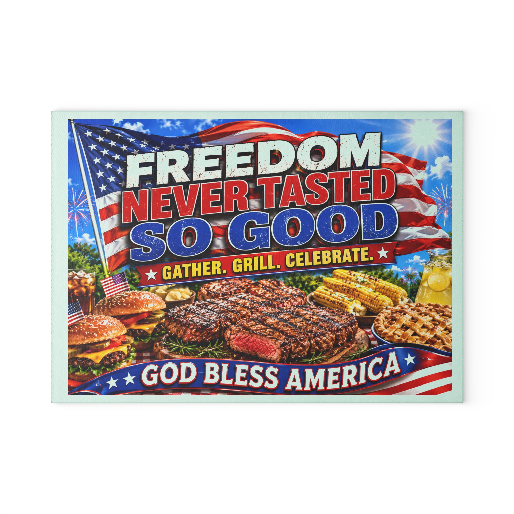 Freedom Never Tasted So Good Patriotic Glass Cutting Board | American Flag BBQ Kitchen Decor | Fourth of July Gift | God Bless America