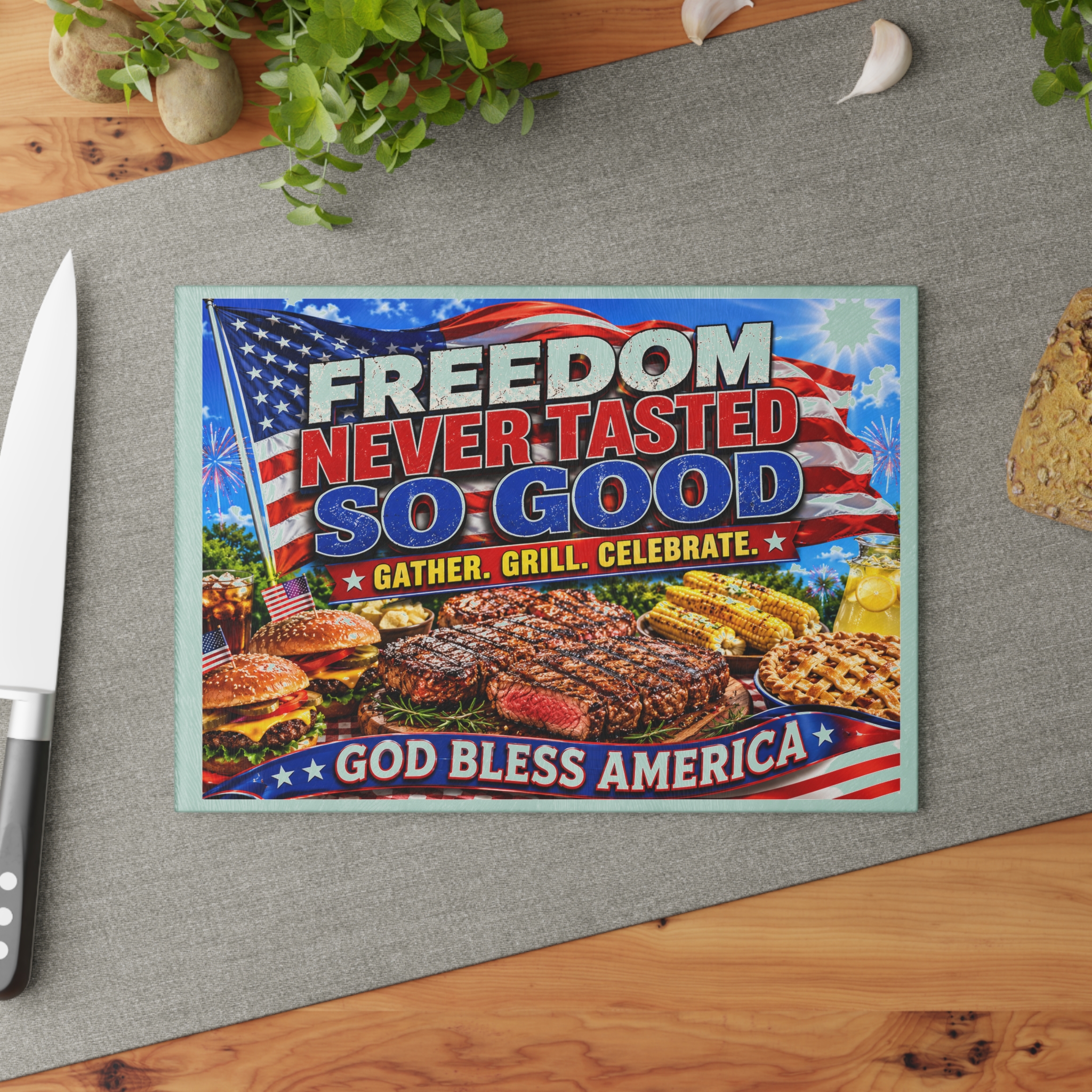 Freedom Never Tasted So Good Patriotic Glass Cutting Board | American Flag BBQ Kitchen Decor | Fourth of July Gift | God Bless America - Image 4